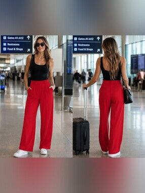 NWT Halara M Red Wide Leg Pull-On Work Pants High Rise Stretch Pockets Athleisur